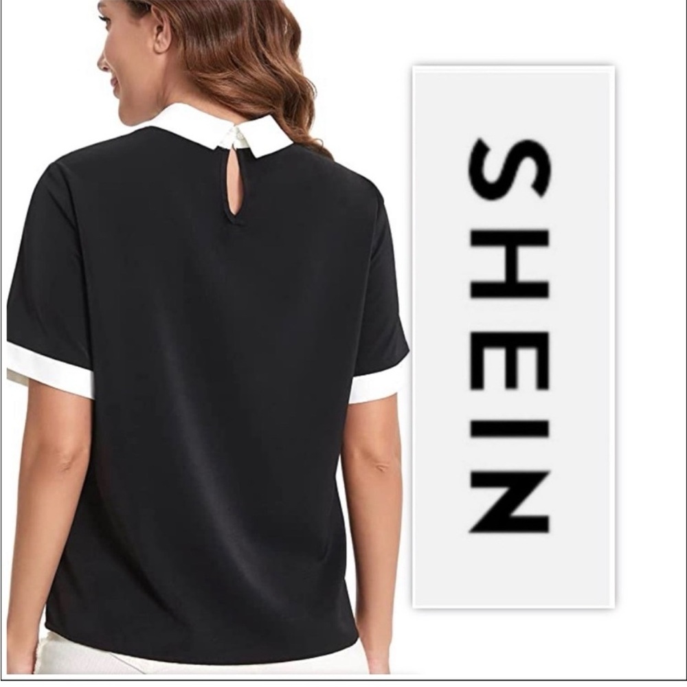 Black Short Sleeve Blouse (M) | Contrast Peter Pan Collar